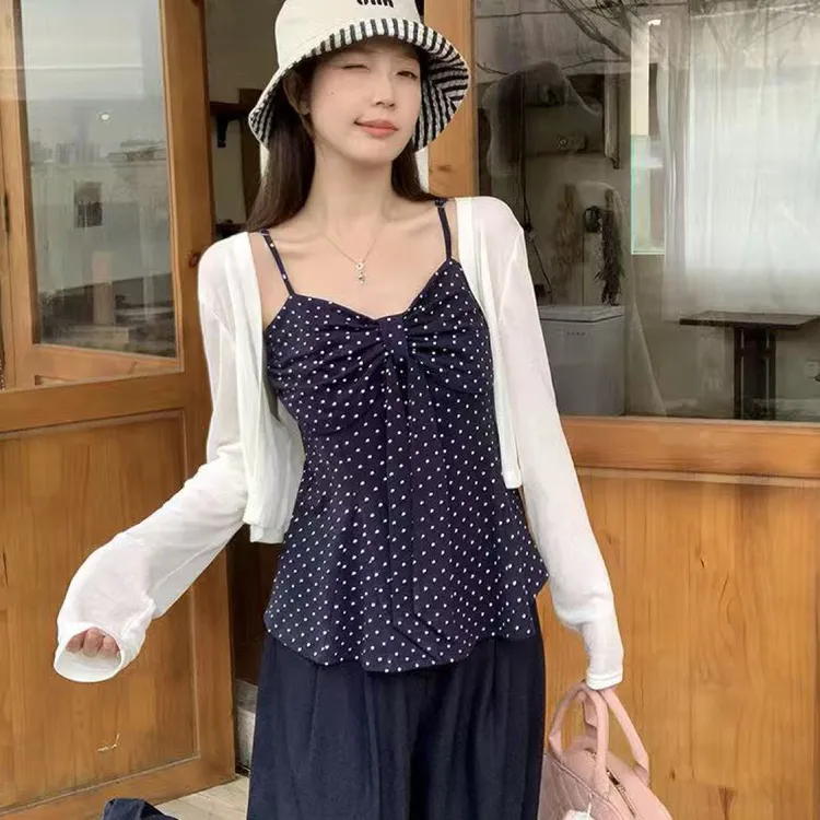【ROU ROU肉肉大码】胖mm大码女波点蝴蝶结吊带背心针织开衫套装