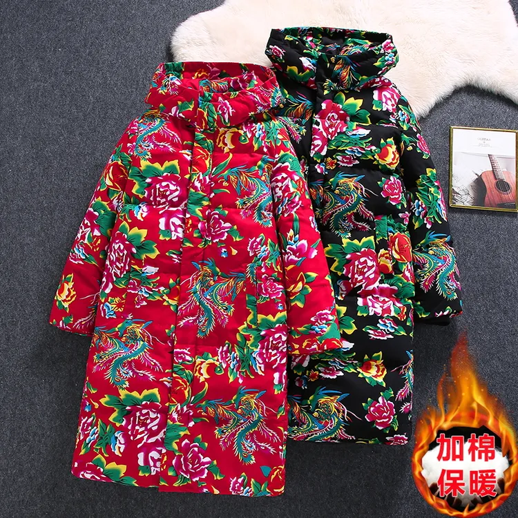 中长款东北大花棉袄冬季加厚保暖复古风棉服节日潮流喜庆龙凤棉衣