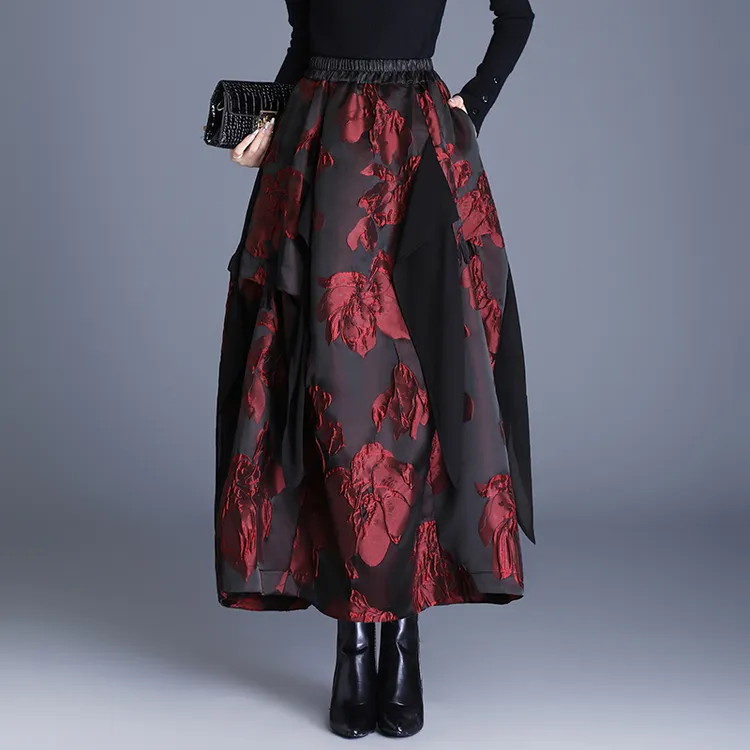 国风浮雕宫廷复古提花半身裙女秋新款时尚不规则中长拼纱花苞裙