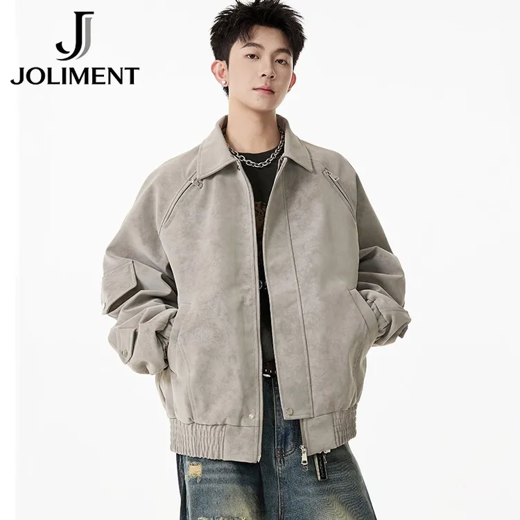 JOLIMENT美式高街扎染皮上衣夹克男潮牌痞帅拉链设计感机车服外套