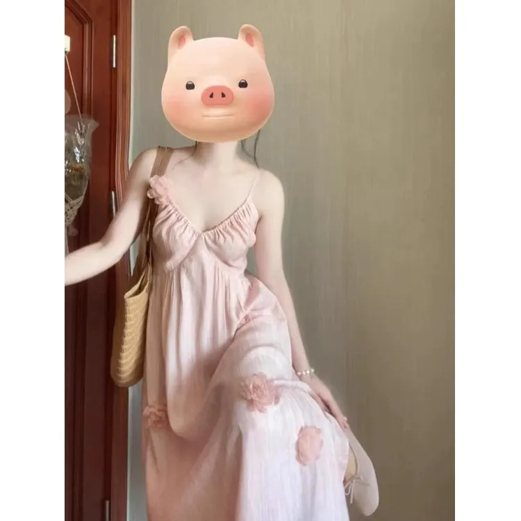 大码胖mm法式度假风粉色立体花朵吊带连衣裙女夏季甜美仙女长裙子