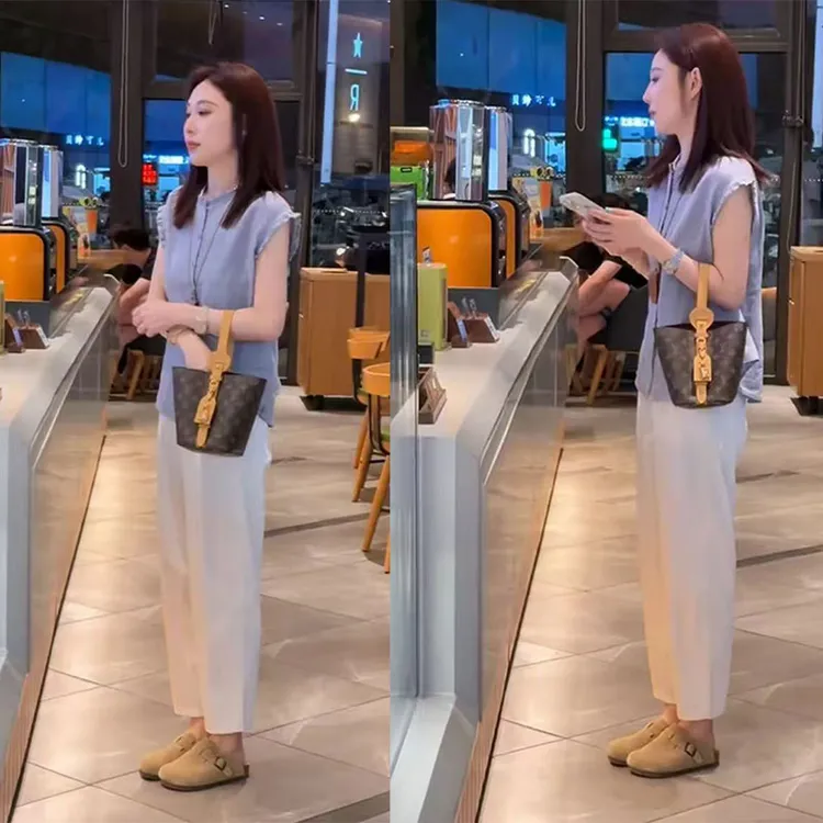 夏季超火减龄设计感小个子宽松花边小飞袖上衣百搭休闲裤两件套女