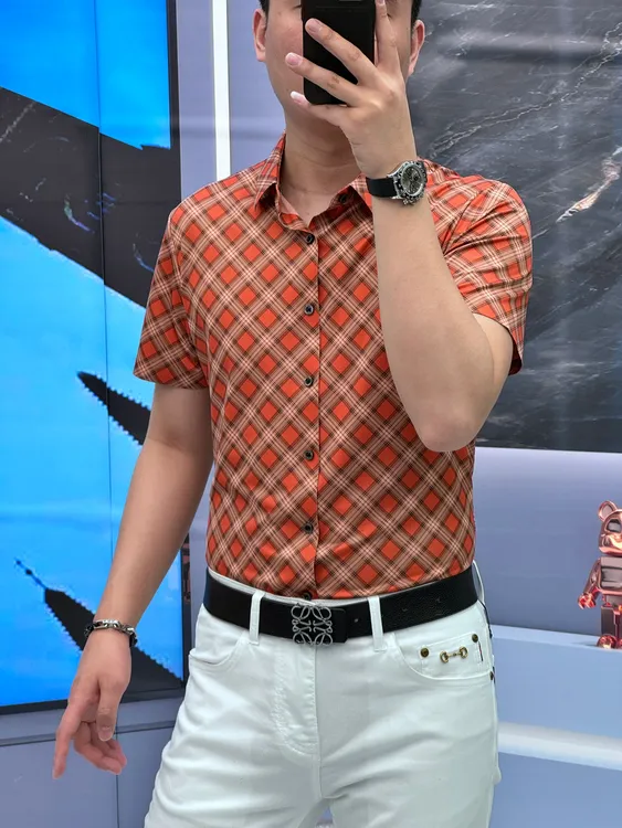 25夏季（轩诚）桑蚕丝莱赛尔印花潮流休闲男款短袖格子衬衣衬衬衫