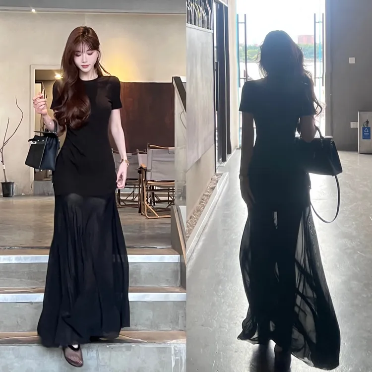 《华尔兹》高级立体分割线吊带黑色显瘦掐腰连衣裙#8569