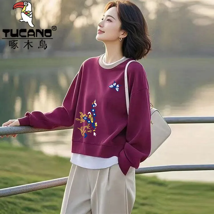 啄木鸟纯棉显瘦百搭卫衣女士秋冬假两件套头宽松休闲韩版洋气上衣