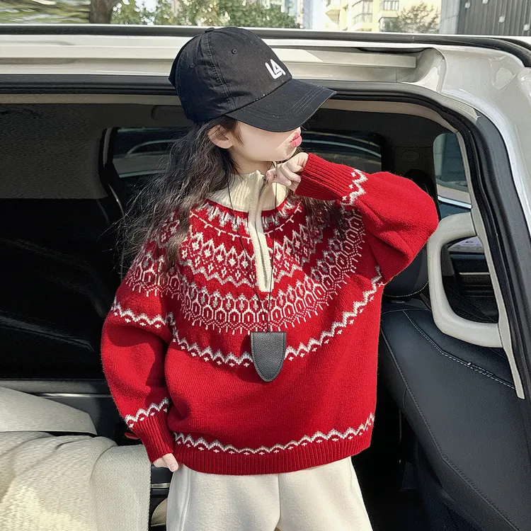 毛衣女童2025新款冬季费尔岛半高领拉链中大童儿童韩版新年针织衫