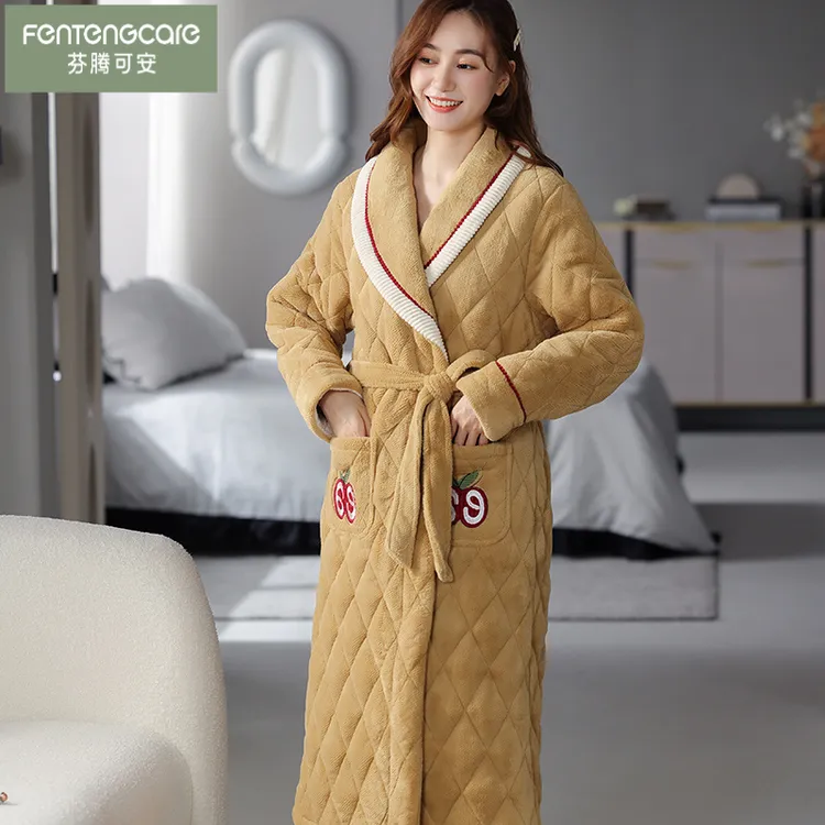 芬腾可安2023新款加厚加绒长款三层夹棉保暖冬天睡袍女款冬季女士