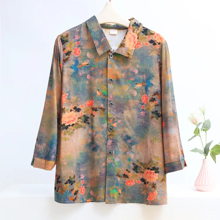 中老年人女夏装衬衫棉绸上衣宽松翻领奶奶衣服开衫人造棉绵绸衬衣