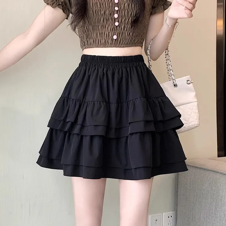 防走光蛋糕半身裙女秋季微胖大码显瘦高腰松紧A字荷叶边蓬蓬短裙