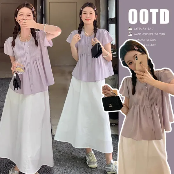 2025新款孕妇夏装清新紫色棉衬衫上衣+孕妇白色半身裙法式套装