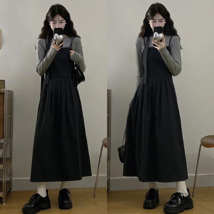 大码胖mm女装法式气质收腰显瘦连衣裙显瘦打底衫长袖套装女