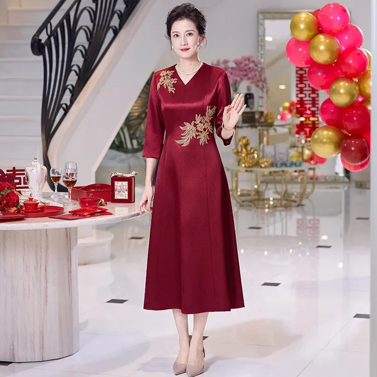 2025秋长款喜婆婆妈妈婚宴礼服裙日常穿优雅婚礼端庄气质连衣裙J