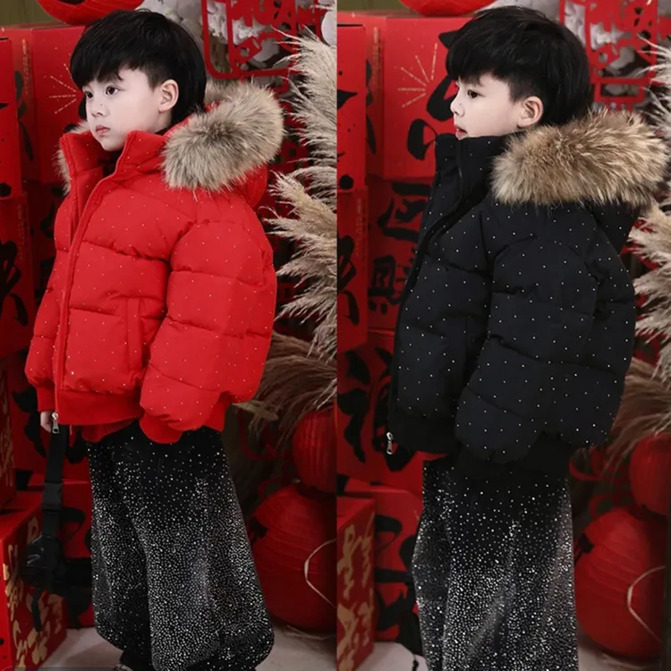 男童棉衣冬装2025新款大毛领红色棉服儿童冬季痞帅潮加厚年服外套