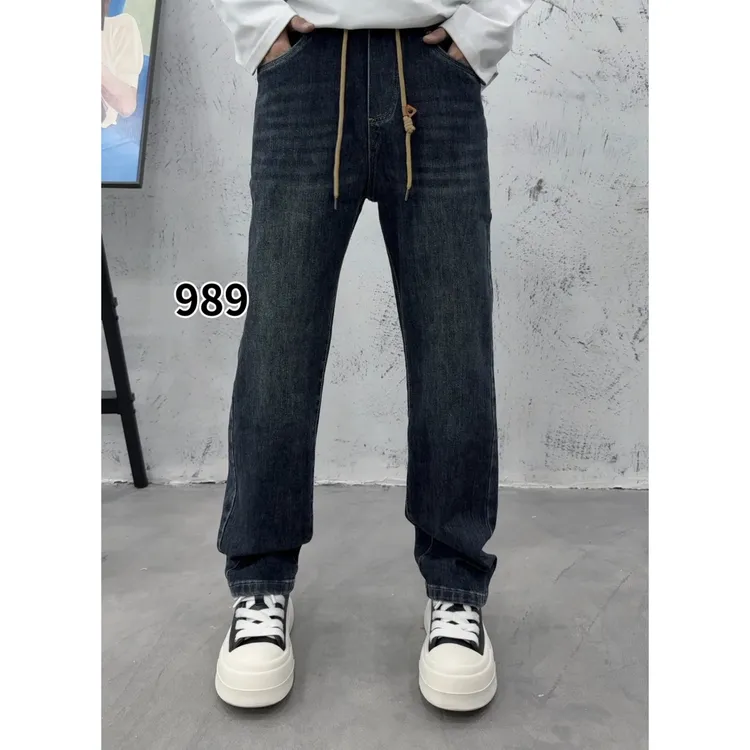 989秋季直筒牛仔裤水复古做旧男松紧腰抽绳设计立体剪裁修饰腿型