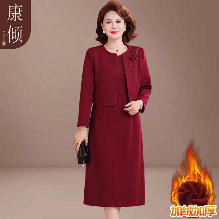 冬季妈妈婚宴礼服高贵年轻加绒加厚连衣裙中老年女装喜婆婆结婚装