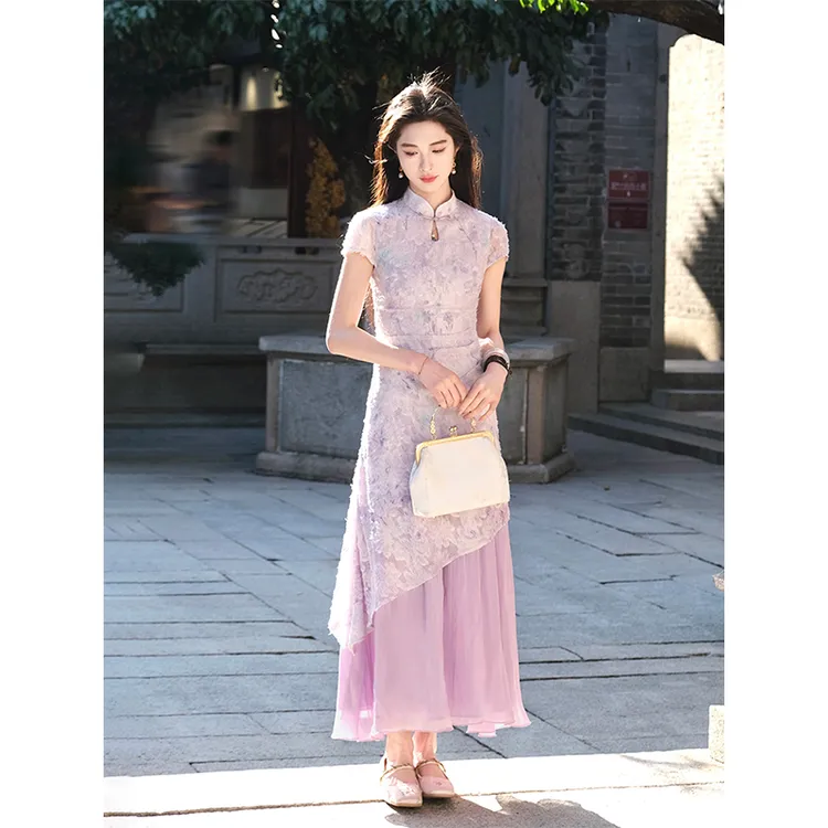 凌茜【云织】新中式拼接烧花磨毛水滴镂空泡泡袖优雅梭织旗袍连衣裙