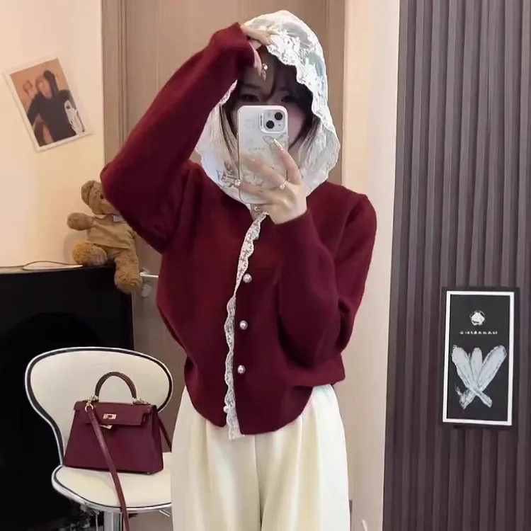 百搭秋冬打底新品欧洲站蕾丝拼接红色针织开衫外套加厚设计感长袖