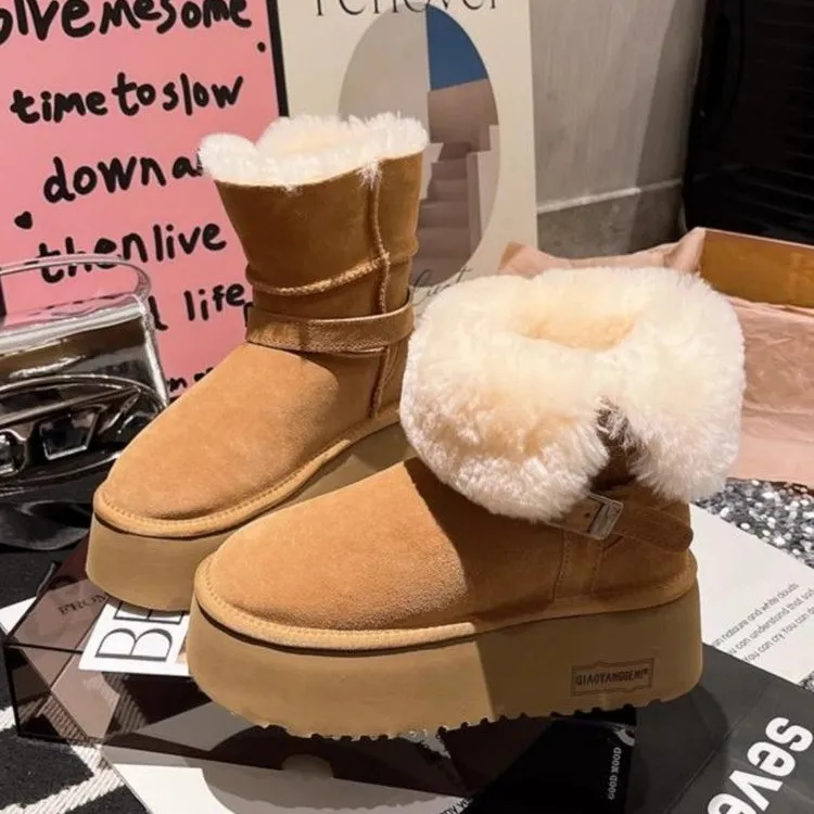 欧货磨砂真皮毛毛鞋翻领两穿小个子厚底松糕6cm骑士雪地棉靴女