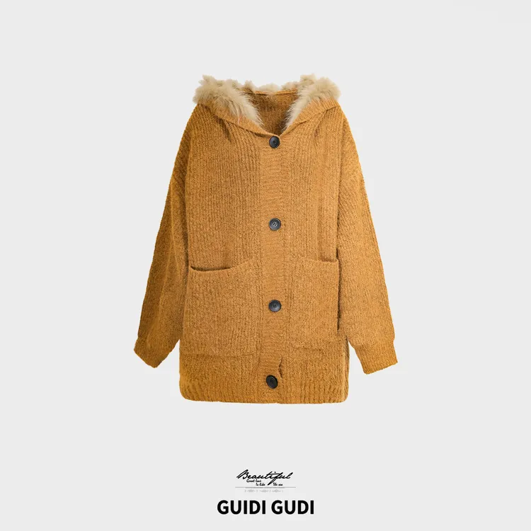 GUIDI GUDI【拥抱暖阳】重工气质毛毛长袖外套/黄加蓝