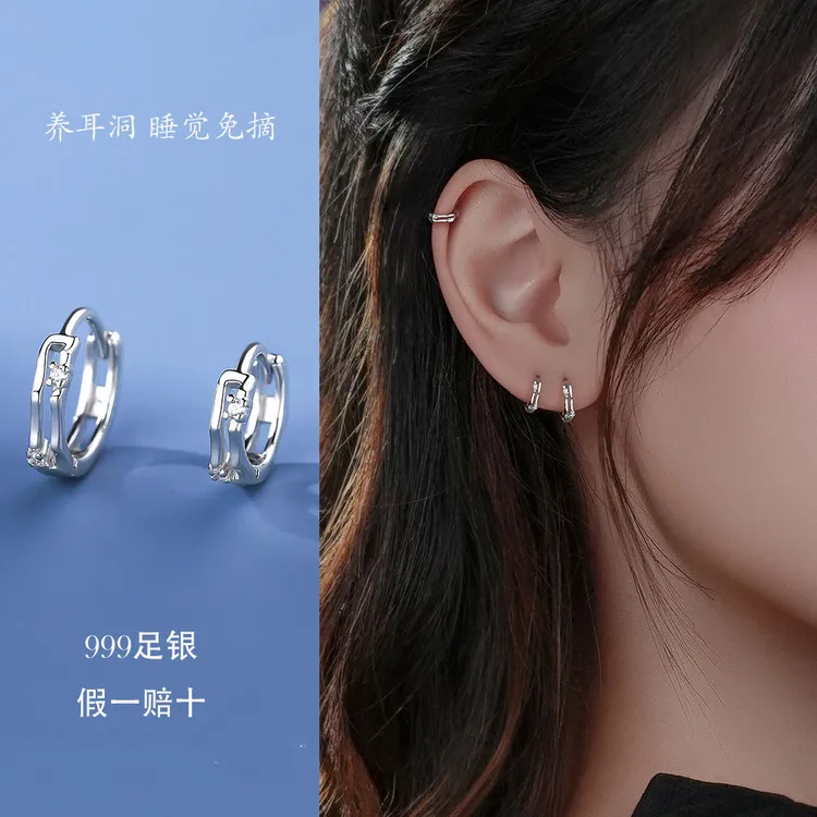 足银耳饰 999足银竹节耳扣耳环女小众高级感气质养耳洞纯银耳环