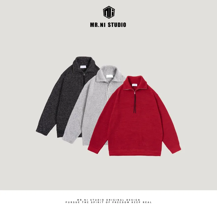 MR.NI/倪先生「静谧时光」高织特种纱混纺半拉链软糯大翻领立领毛衣