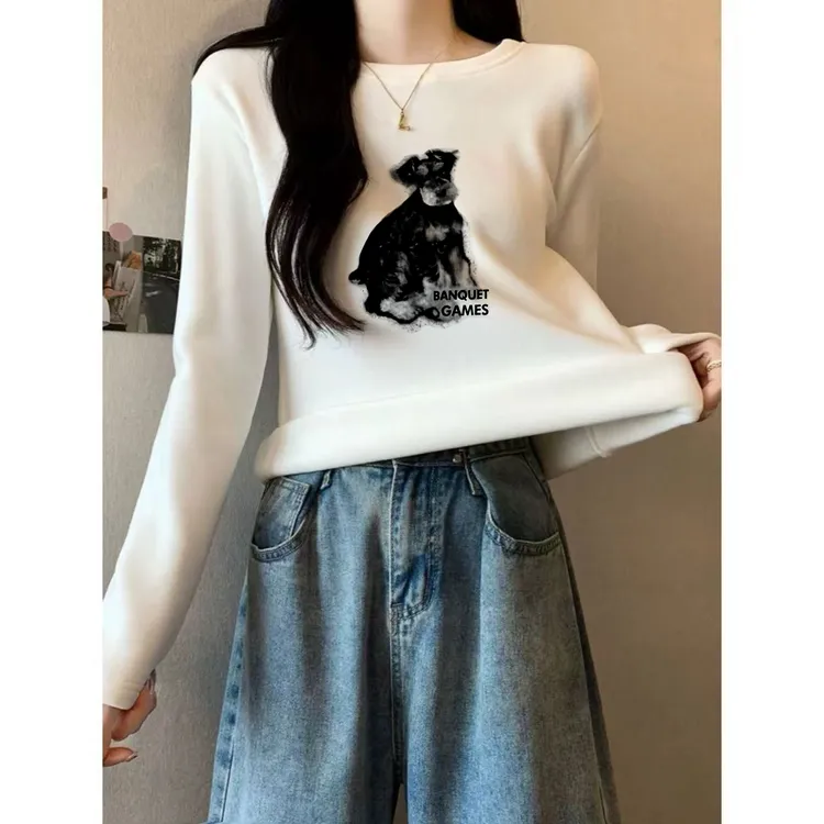 白色打底衫女内搭秋冬季德绒加厚长袖加绒t恤女纯色圆领上衣