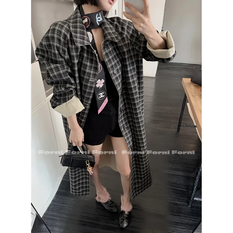 FORNI AB风衣 可两穿双面格纹天丝棉长款系带式风衣外套