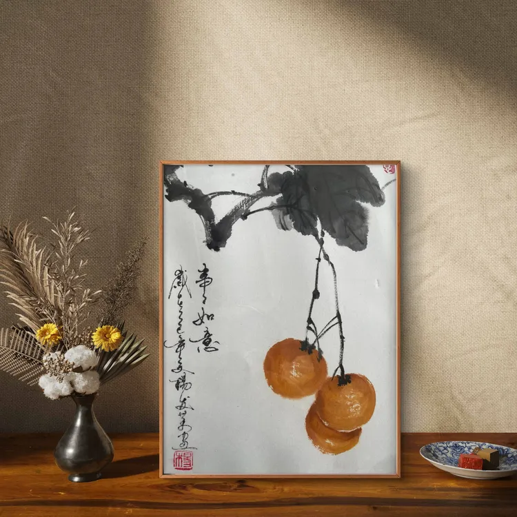 桌面摆件（23X32㎝）手绘国画作品事事如意已装裱带框