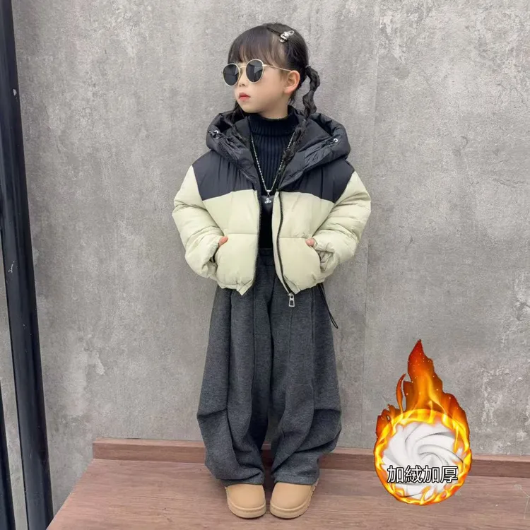 女童冬季新款拼色棉服短款休闲大童洋气连帽儿童加厚阔腿裤套装