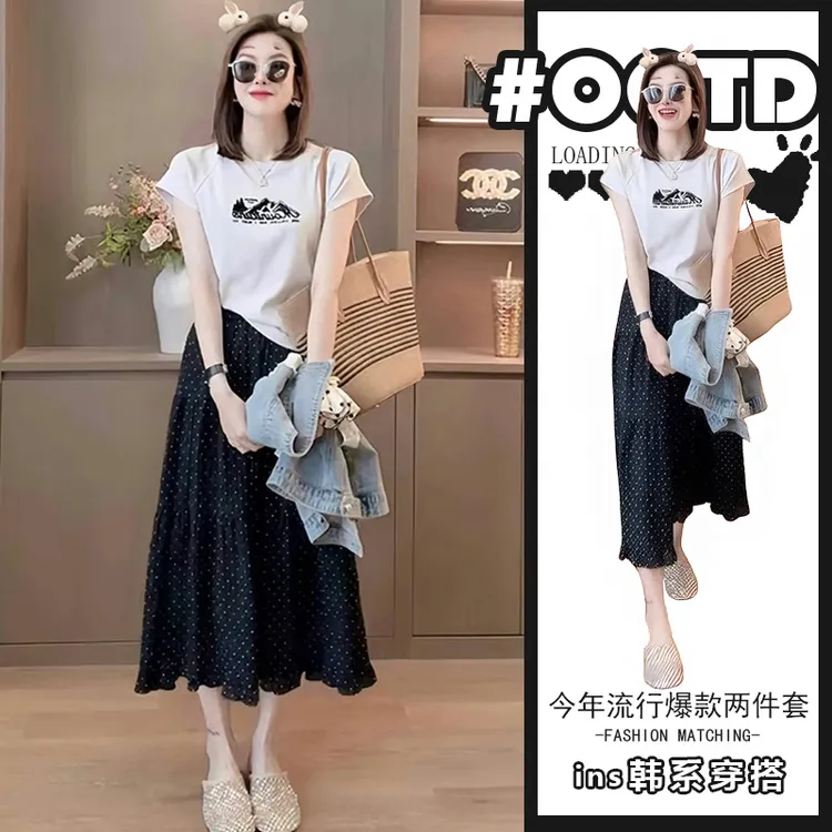 夏日绝美套装穿搭高级感时尚印花T恤女气质显瘦波点半身裙两件套