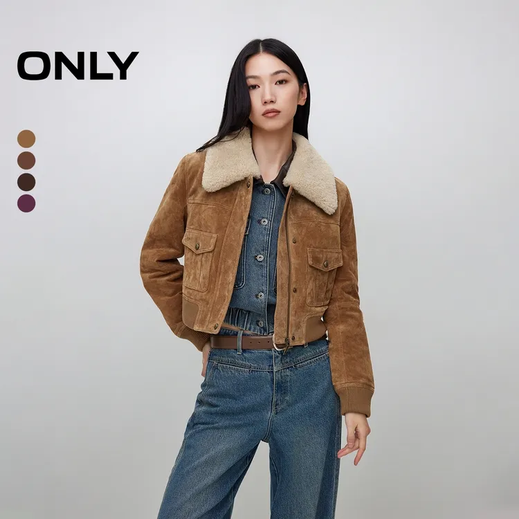 ONLY2025秋季新款潮酷风短款正肩可拆卸毛领皮衣外套女|125428005