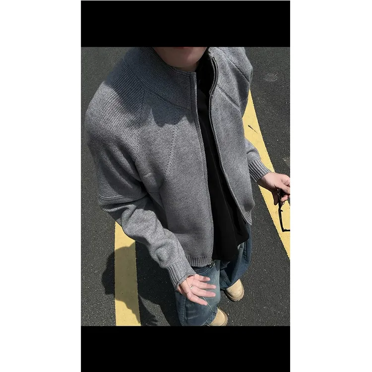 灰色cleanfit立领针织开衫男秋季痞帅boxy廓形毛衣外套慵懒风上衣