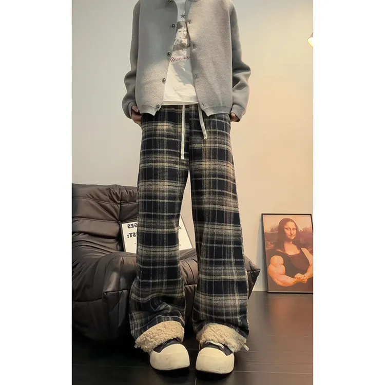 户外抗寒保暖格子外穿棉裤男款冬季羊羔绒加厚美式复古滑雪休闲裤