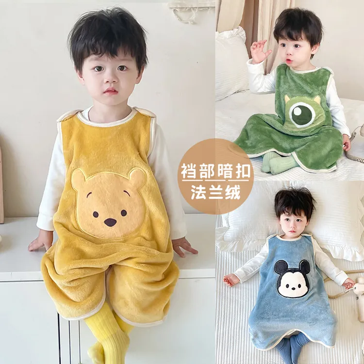 婴儿法兰绒睡袋秋冬季加绒保暖儿童连体睡衣宝宝防踢被珊瑚绒睡袍