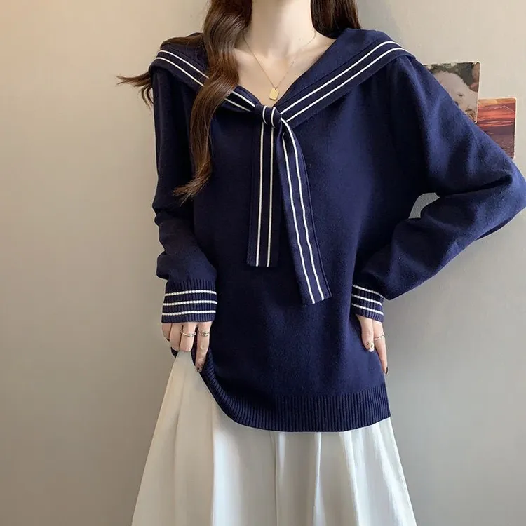 【80-180斤】学院风海军领上衣女秋冬高级感洋气毛衣宽松显瘦打底衫
