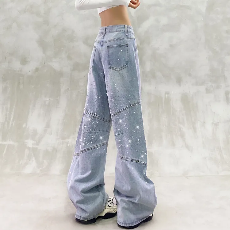 闪亮烫钻设计拼接休闲牛仔裤女秋新款高腰宽松显瘦百搭直筒阔腿裤