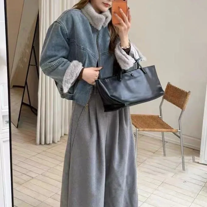 加绒加厚牛仔外套女冬季短款2025新款时尚休闲毛毛拼接棉服派克服