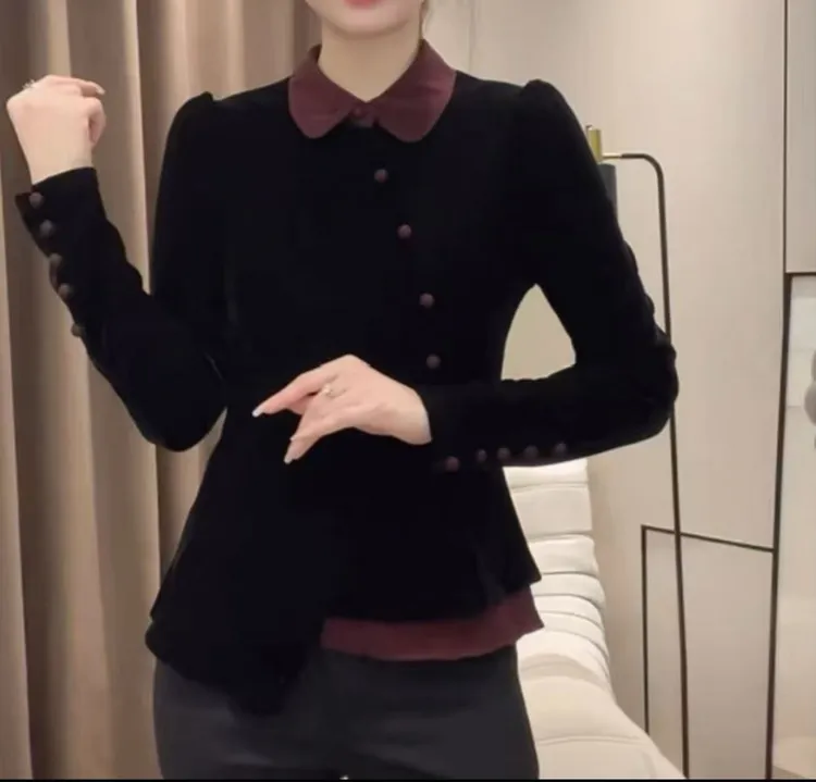 高端设计款不规则丝绒衬衫女2025秋冬季新款时尚洋气显瘦上衣