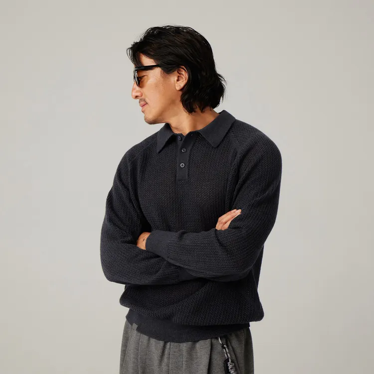 蓝岐羊毛柔软镂空肌理2025秋季新款宽松休闲翻领POLO针织衫男