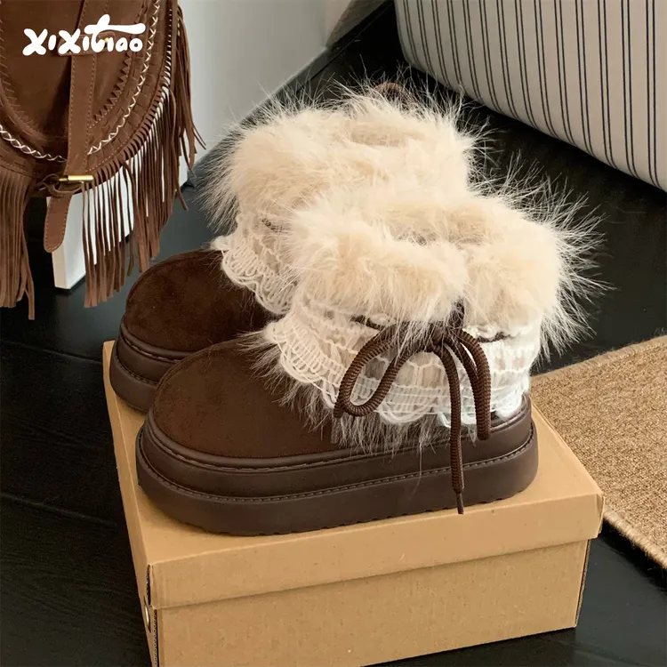 细细条 费尔岛毛毛雪地靴女冬季百搭增高厚底加绒保暖短靴子棉鞋