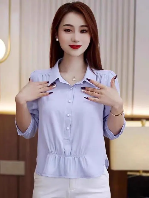 套头春秋宽松版型七分袖服装版型设计感衬衫上衣洋气宽松百搭衬衣