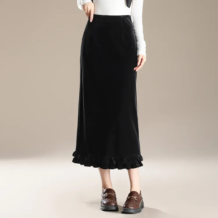 黑色木耳边丝绒半身裙女秋冬季2025年新款百搭显瘦包臀直筒裙长裙