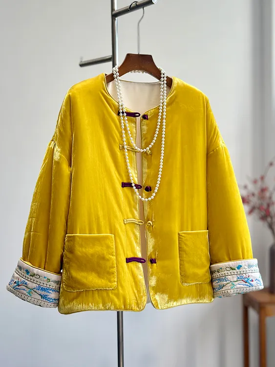 时尚高端年轻唐装夹棉服袄双口袋设计盘扣加棉冬装黄色丝绒外套女