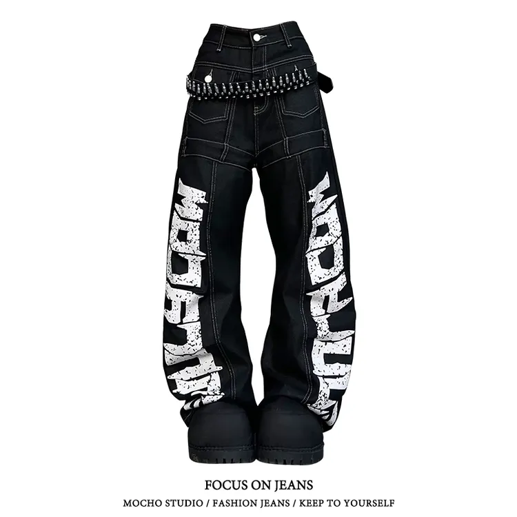 美式复古解构弯刀牛仔裤女秋冬款高街设计感宽松显瘦垂感阔腿裤子