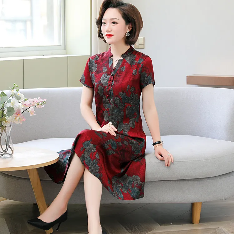 重磅真丝香云纱连衣裙女大码夏装新款高档印花桑蚕丝遮肚过膝裙子