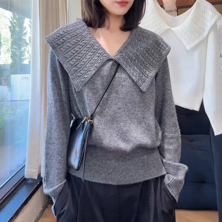 慵懒风灰色翻领长袖针织衫女2025年秋季新款气质韩系宽松休闲上衣