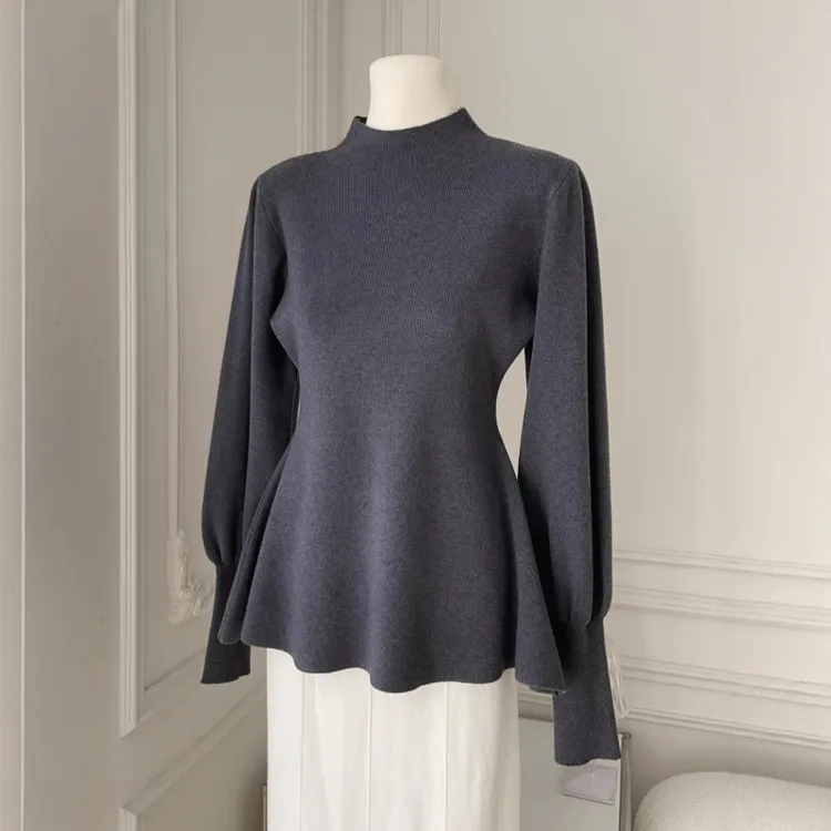 大码女装灰色立领灯笼袖内搭打底衫2025冬季胖mm显瘦掐腰针织上衣