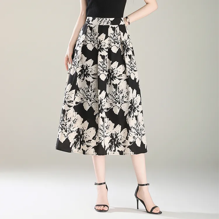 洋气印花半身裙女印花高腰显瘦大摆伞裙宽松a字裙2025夏季妈妈裙