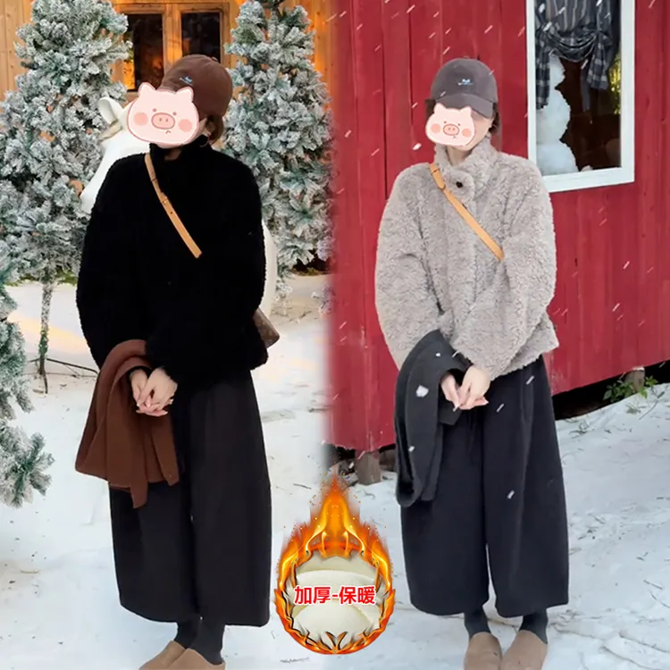 冬季通勤简约新款穿搭一整套时尚百搭纯色保暖外套+加厚休闲裤女