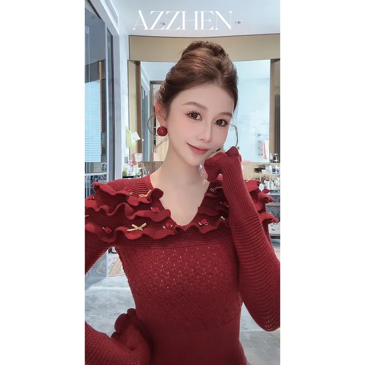 AZZHEN【倾心甜序】复古木耳边V领针织衫气质高级修身打底AZ5PBS21